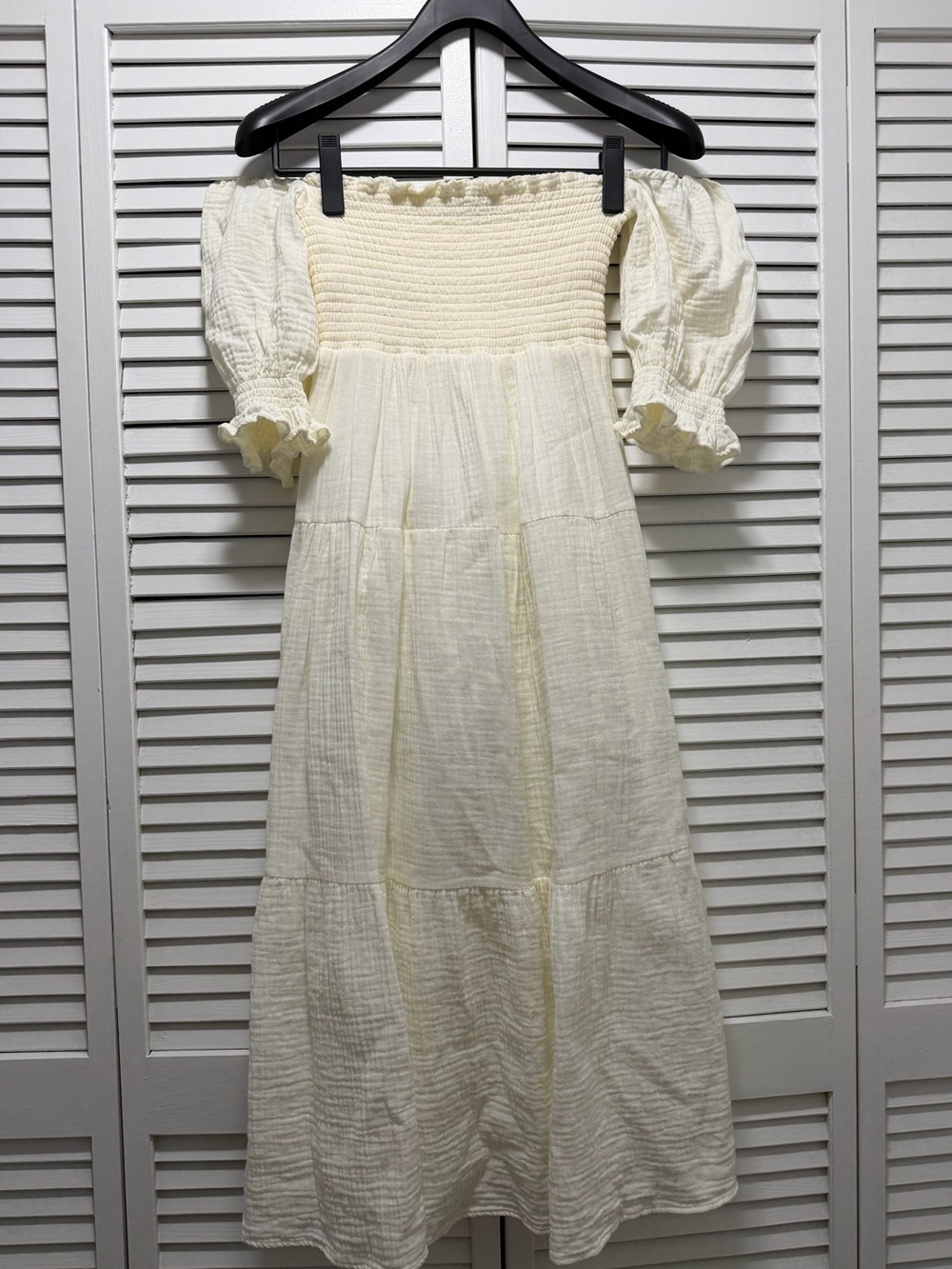 Cream Off-Shoulder Smocked Midi Dress with Puff Sleeves